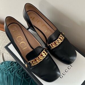GUCCI Sylvie Black Leather Mid-Heel Block Heels with Brass Hardware